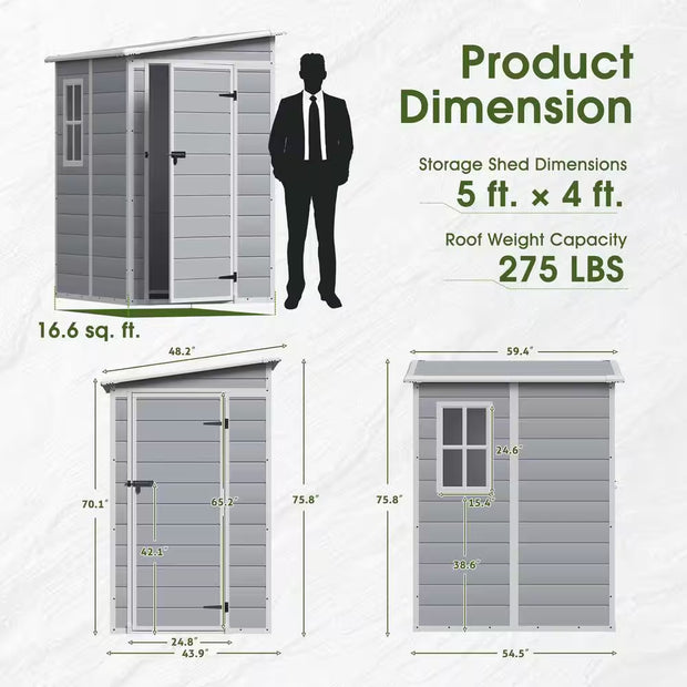 5 Ft. W X 4 Ft. D Matte Gray Patio Resin Shed Extruded Plastic Outdoor Storage Shed with Window and Floor 16.6 Sq. Ft.